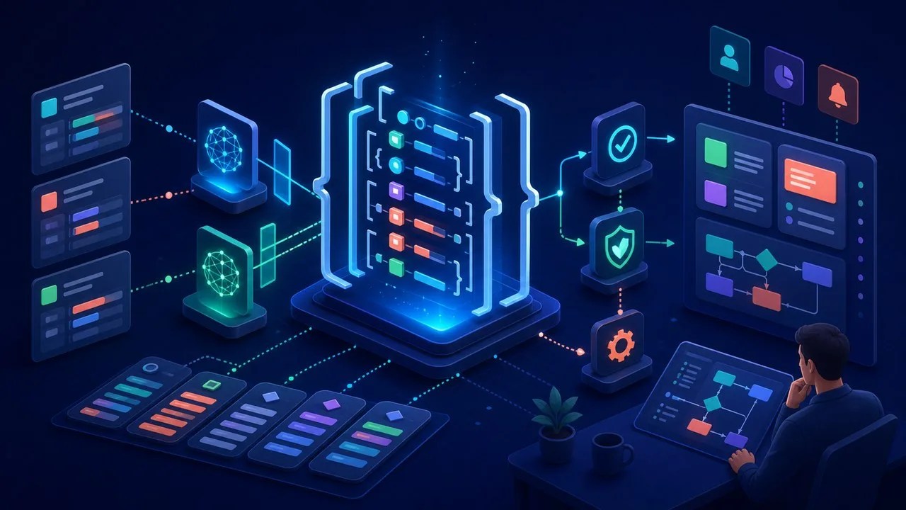 AI 模型透過 JSON 結構化輸出、驗證與授權流程串接應用程式的示意圖