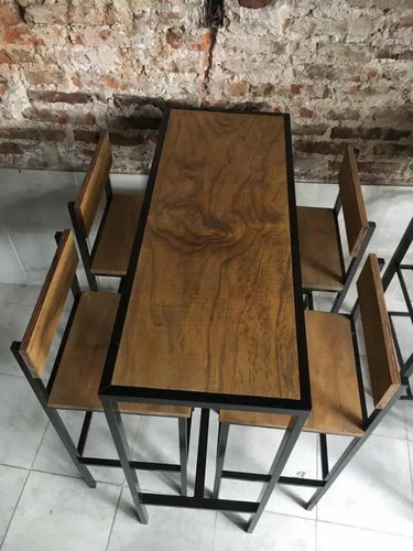 Mesa Barra Bar Hierro Madera 100x40 4 Taburetes C Respaldo Mercado Libre