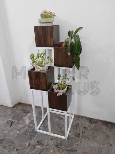 Macetero Porta Macetas X4 Hierro Madera Diseno Industrial Mercado Libre