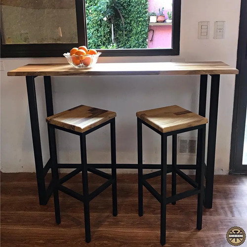 Mesa Barra Bar Hierro Madera 120x40 2 Taburetes Madera Dura Mercado Libre