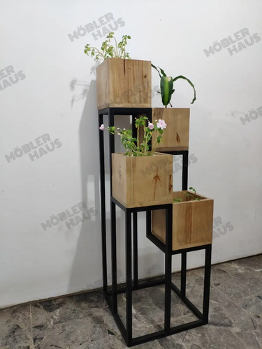 Macetero Porta Macetas X4 Hierro Madera Diseno Industrial Mercado Libre