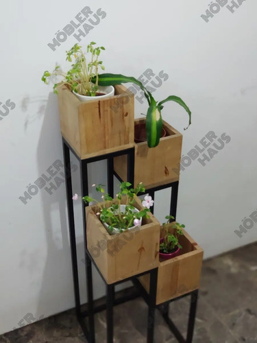 Macetero Porta Macetas X4 Hierro Madera Diseno Industrial Mercado Libre