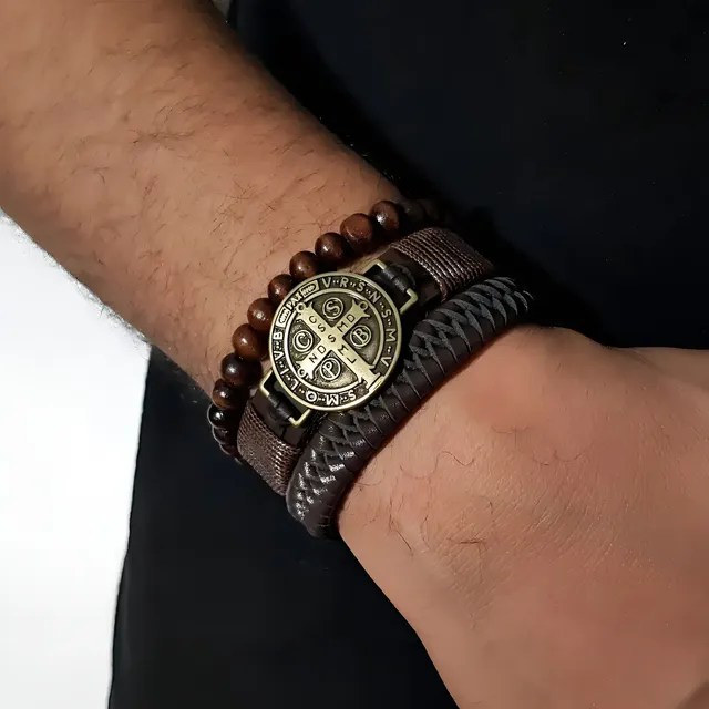 Pulseira Masculina De Couro São Bento Kit C/03