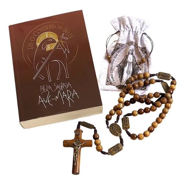 Kit Terço Dos Mistérios Do Rosário Bíblia Sagrada Avemaria Tradicional Média Edição Eis O Cordeiro De Deus Capa Vermelha