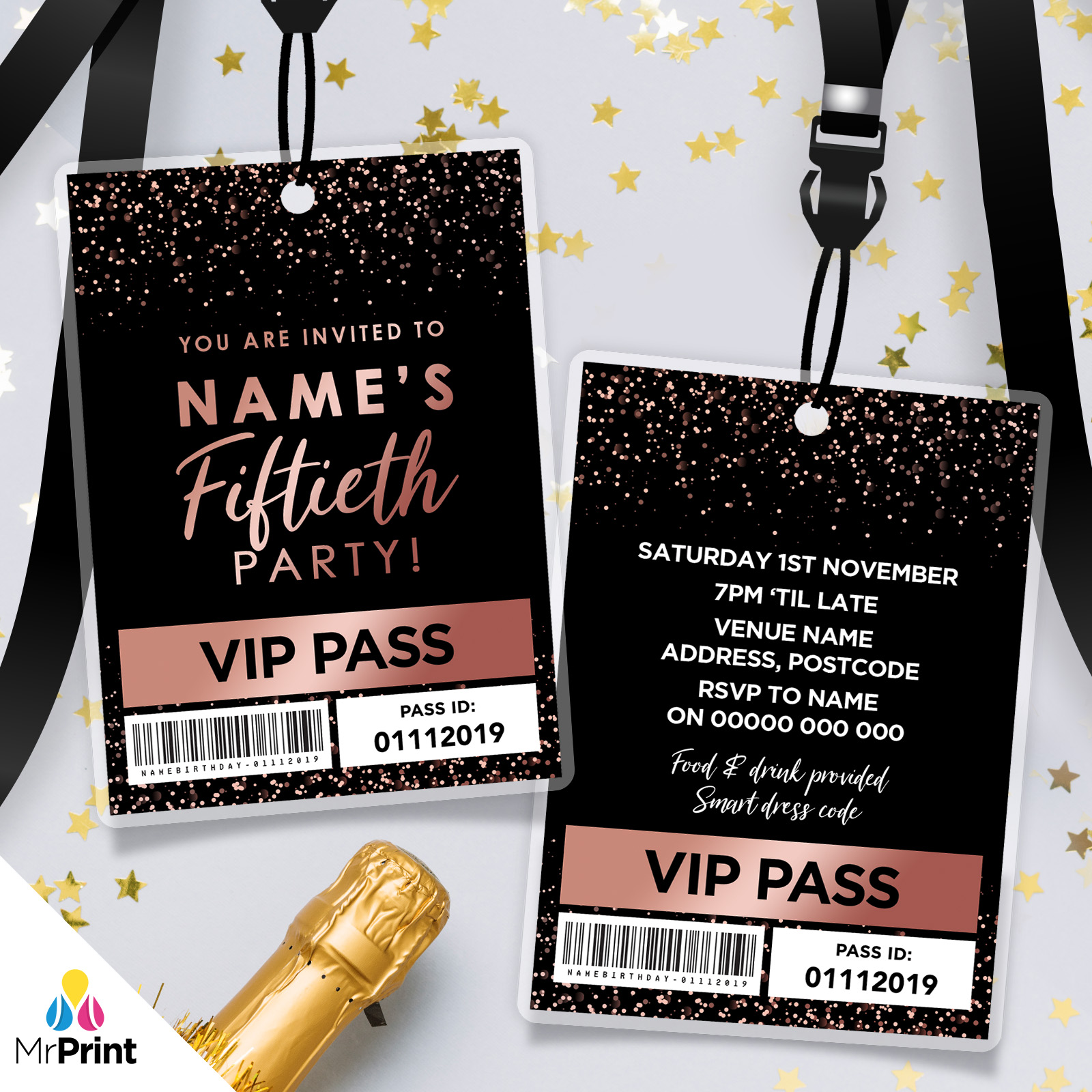 Personalised 50th Birthday Vip Passes Lanyards Black Rose Gold Glitter Ebay
