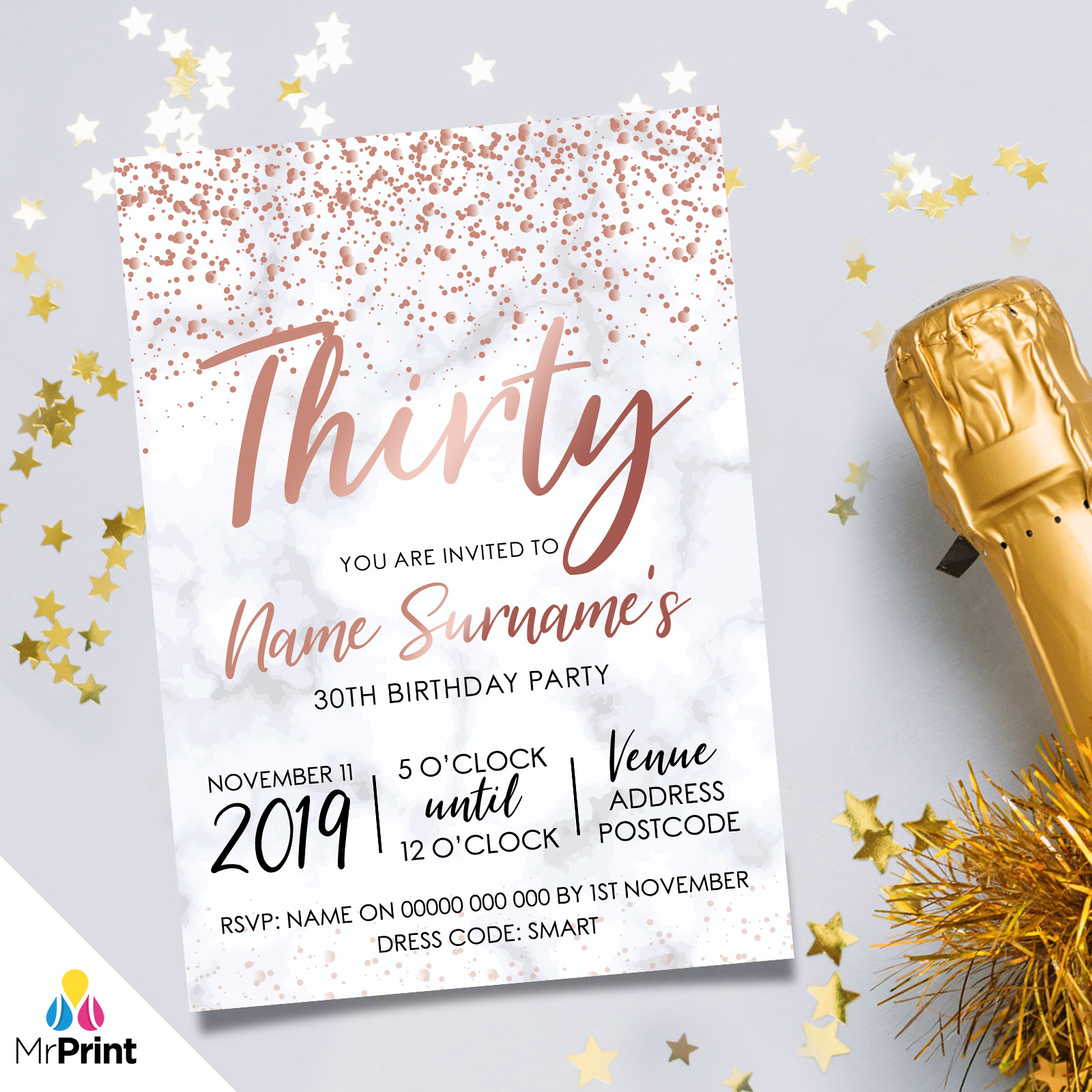 Personalised 30th Birthday Party Invitations Marble Rose Gold Glitter Style Ebay