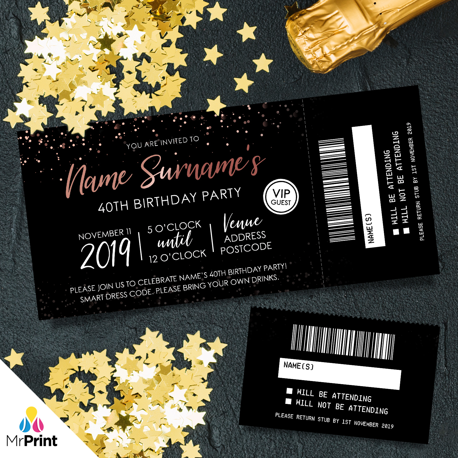 Personalised 40th Birthday Party Tickets Invitations Perforated Rose Gold Ebay