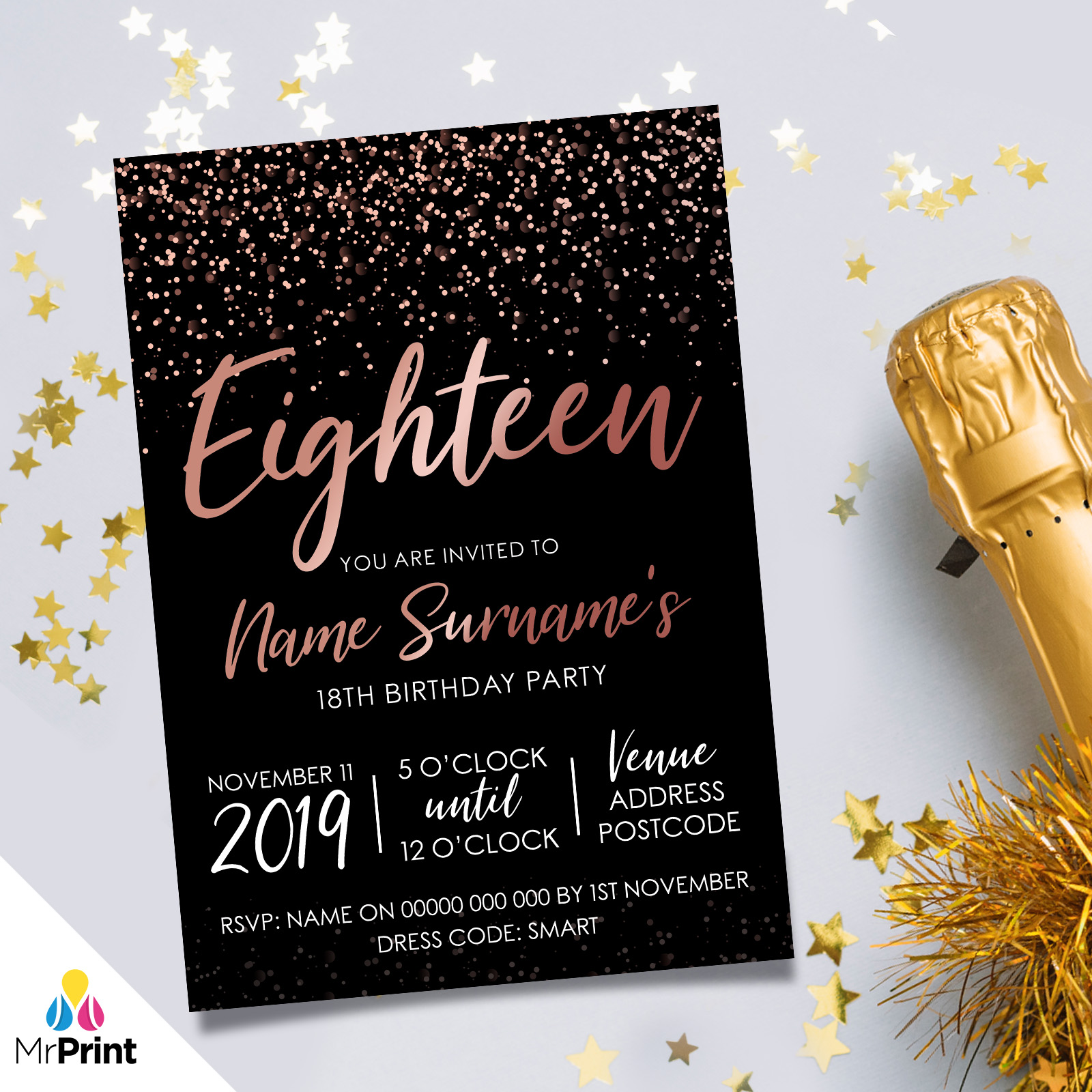 Personalised 18th Birthday Party Invitations Black Rose Gold Glitter Ebay