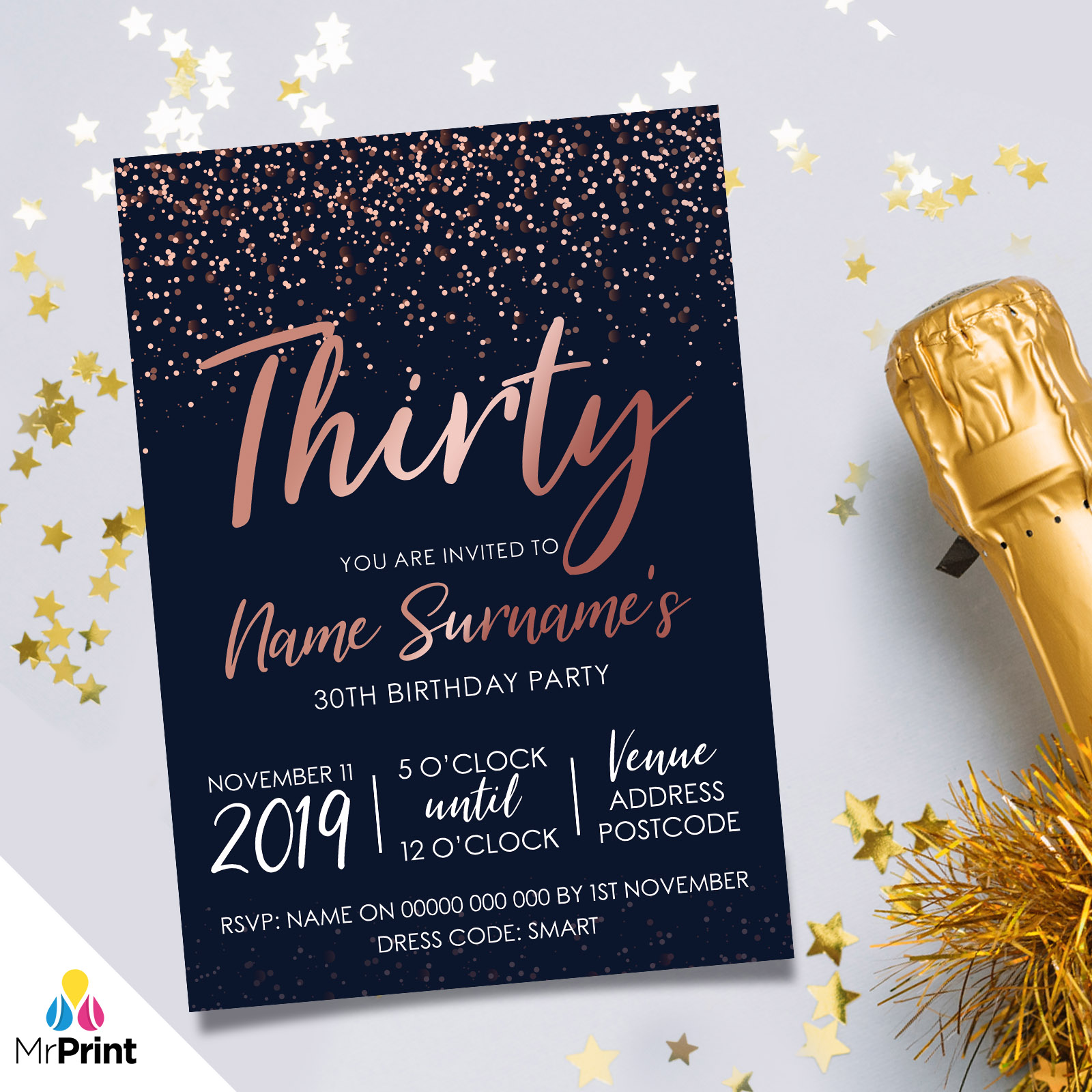 Personalised 30th Birthday Party Invitations Navy Rose Gold Glitter Ebay