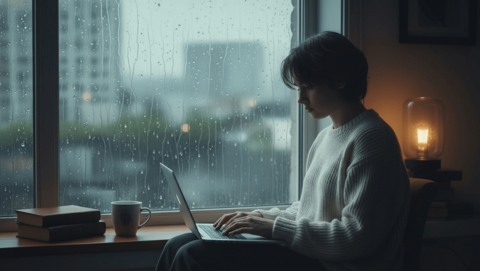 一個人在雨後的窗邊安靜閱讀或操作筆電，色調柔和偏冷，營造出安靜思考的知性氛圍。