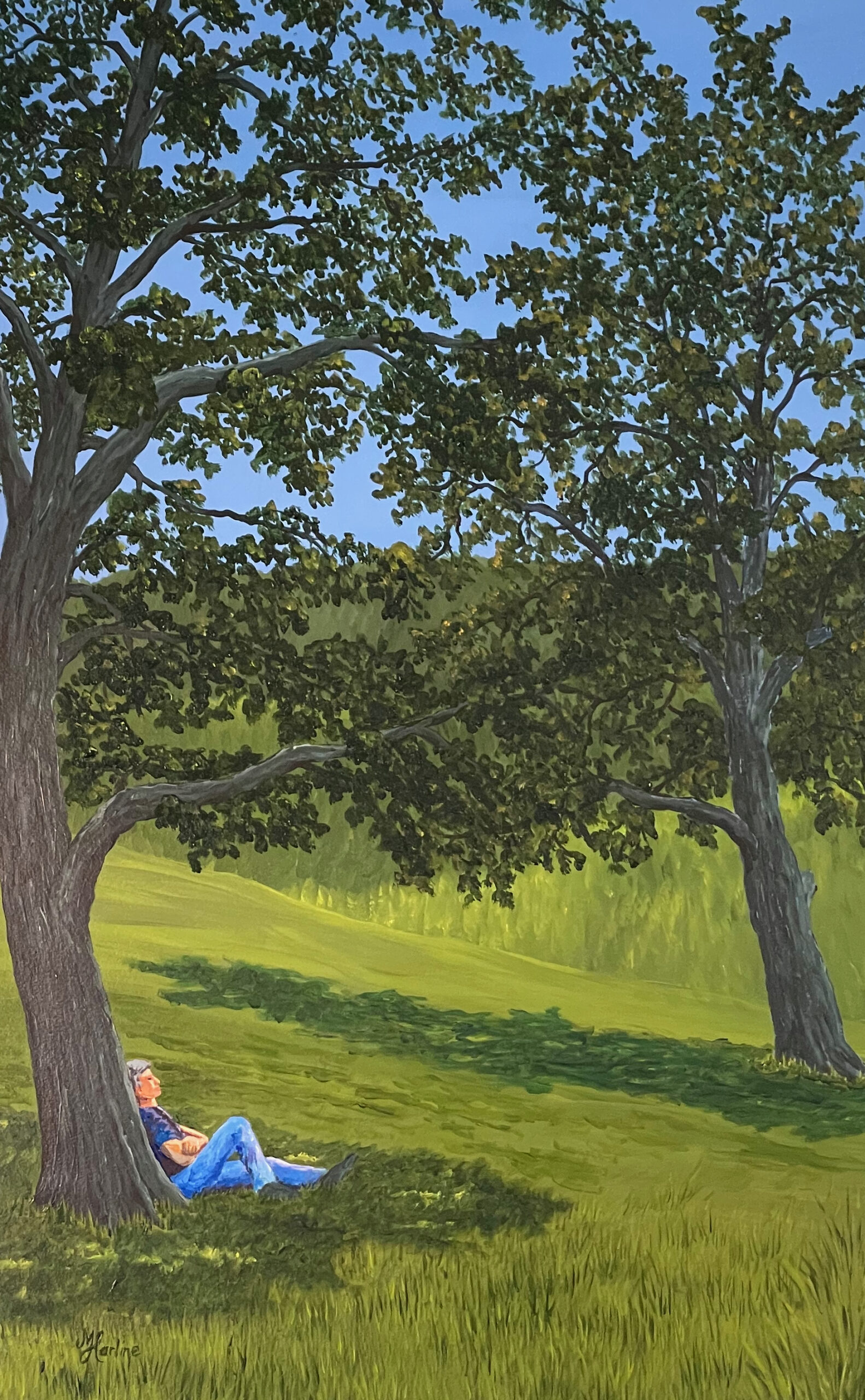 Acrylic Painting of a man sitting in the shade of an Oak Tree, overlooking a valley landscape