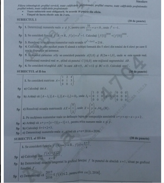 Subiecte bac matematică 2018, 2017 și 2016. Subiecte Matematica Simulare Bacalaureat 2016 Clasa A Xii A