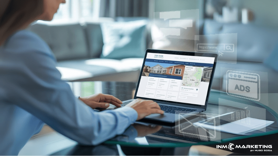 mujer ejecutiva frente a un escritorio trabajando en una laptop en un sitio web inmobiliario