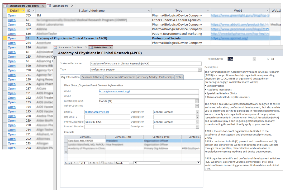 The stakeholder database I designed to capture and aggregate stakeholder data