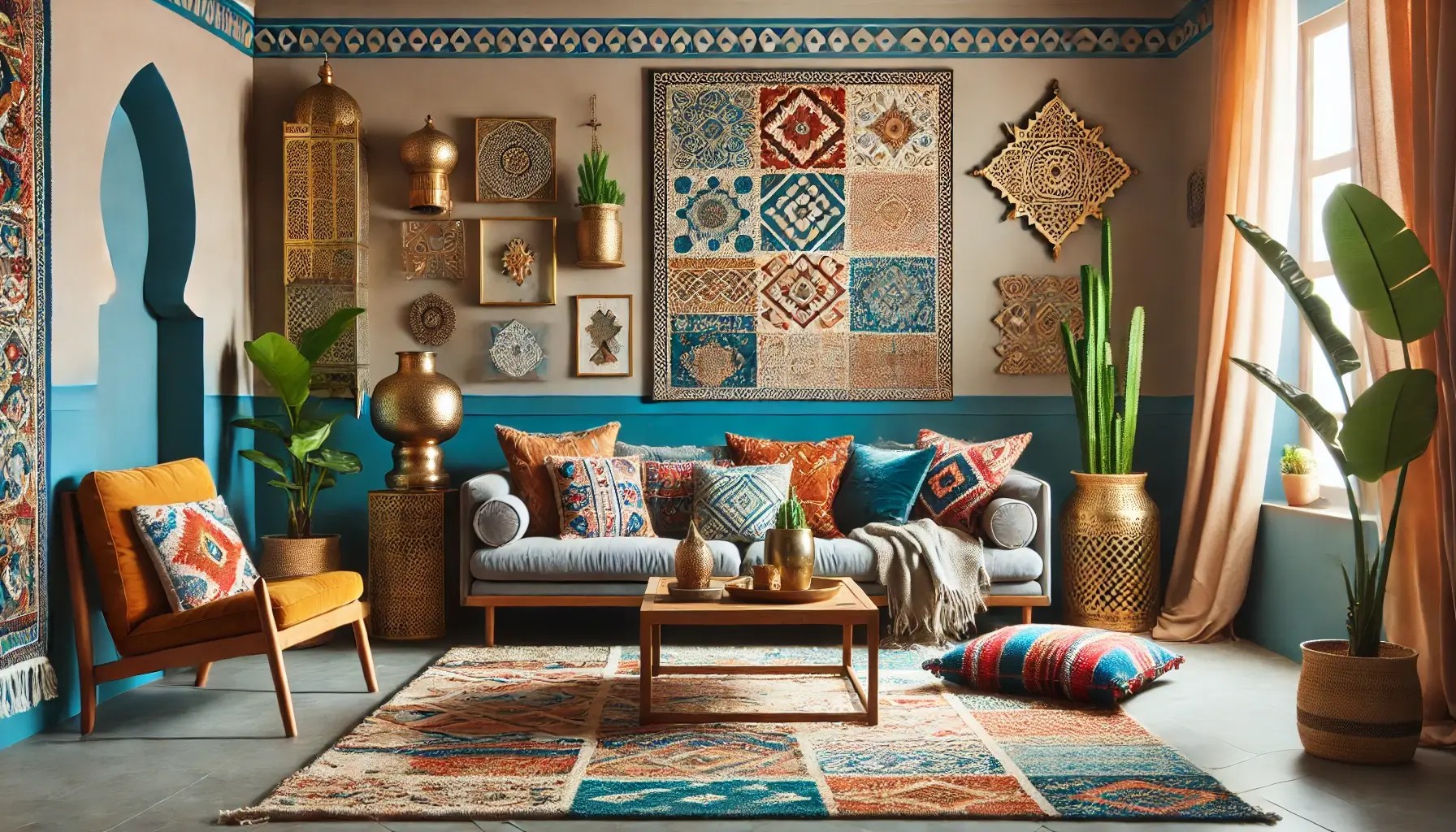 Descubra o charme do azul marroquino na decoração de salas de estar boho-chic