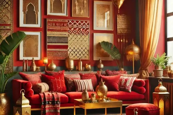Técnicas de combinação de vermelho e dourado para uma sala boho-marroquina única