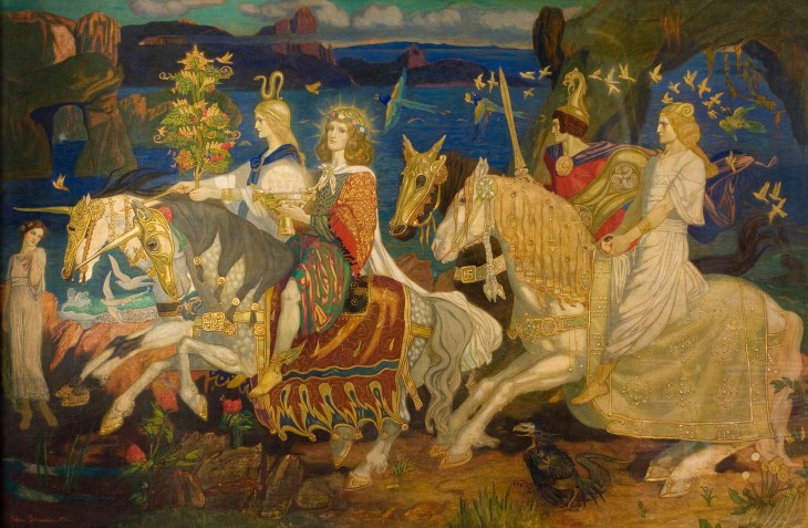 Painting of ethereal riders emerging from a misty landscape, representing the Tuatha Dé Danann or Aos Sí.