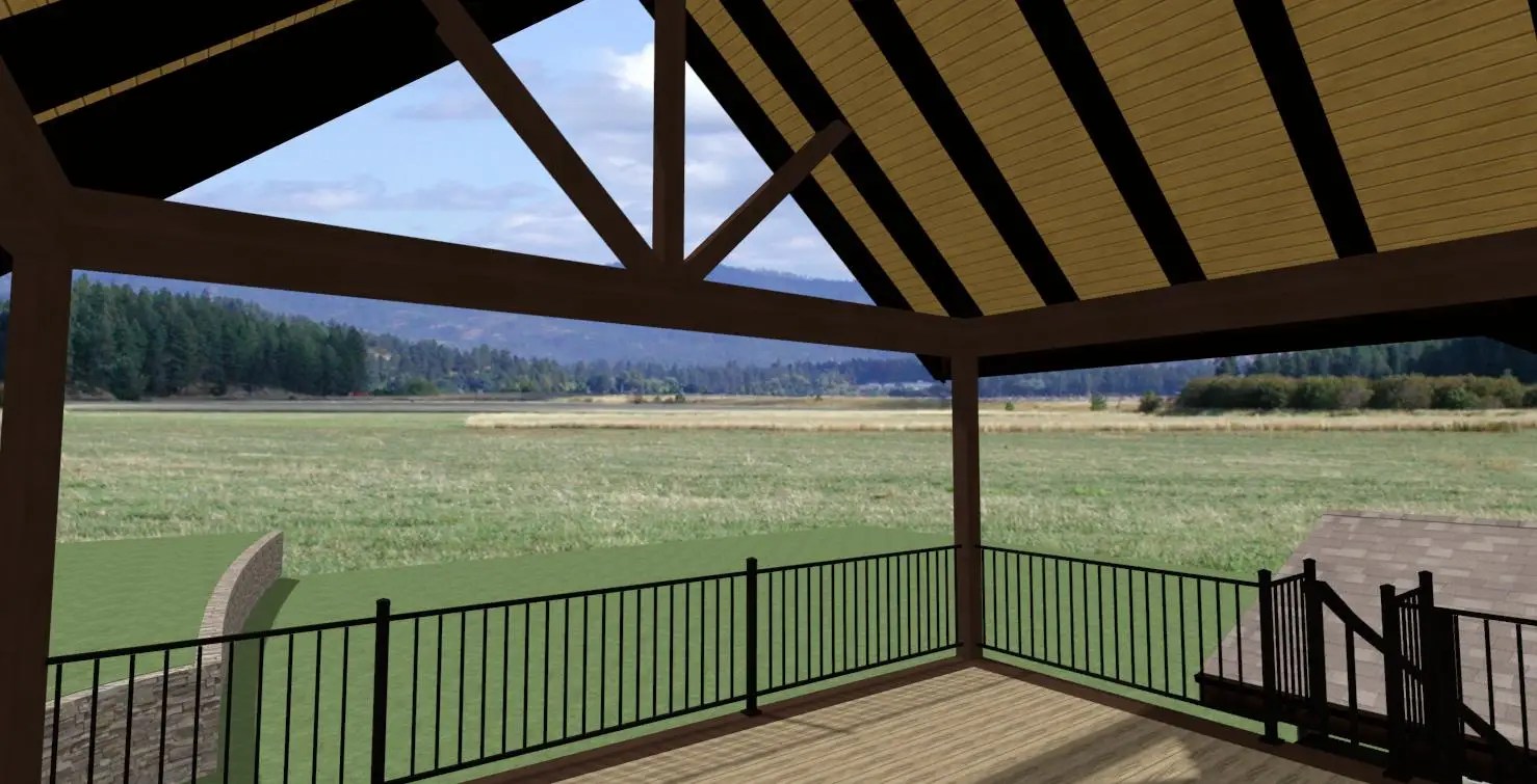 Gabled roof over composite deck with aluminum railing