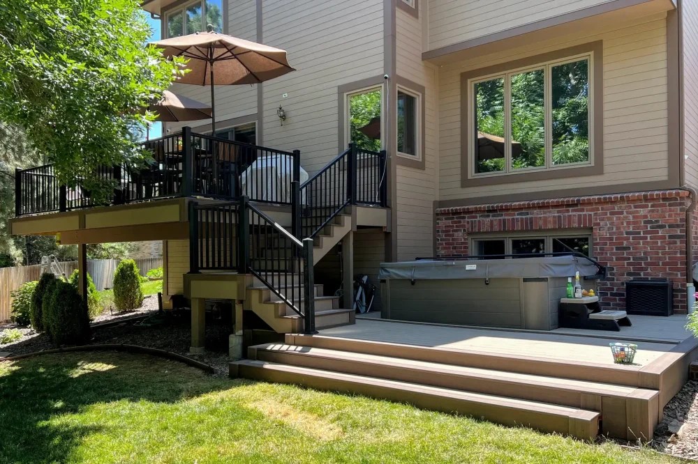 Multi level composite deck with built-in hot tub