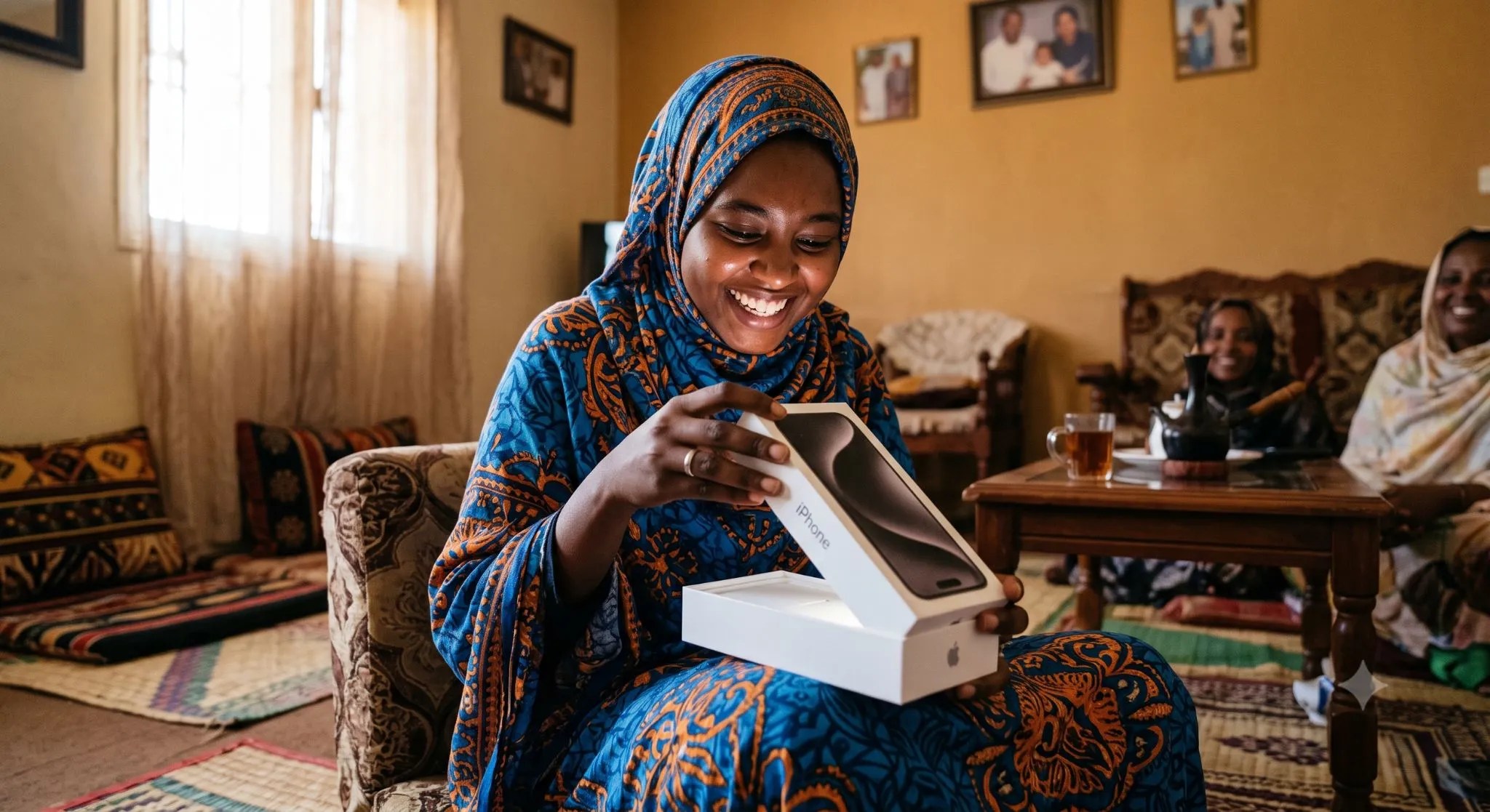 تلفون آيفون يُسلَّم لأحد أفراد الأسرة في السودان