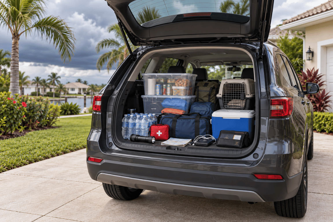 Organized hurricane evacuation car kit packed in the cargo area of an SUV