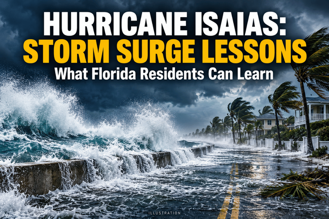 Illustration of storm surge flooding a coastal road beside palm trees and homes.
