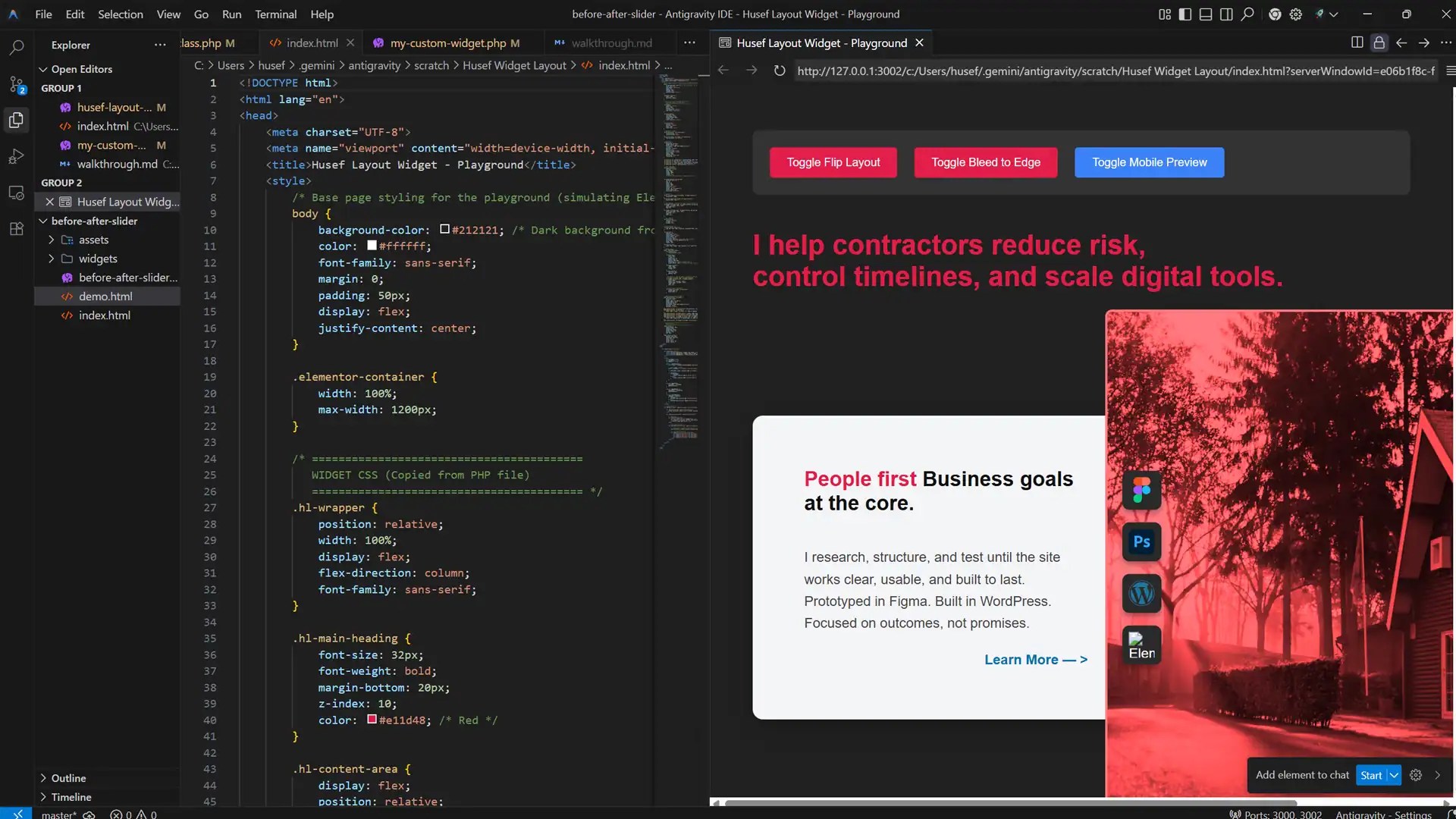 Split-screen of code editor on the left with CSS and HTML, and a web preview on the right showing a contractor business site with buttons and a highlighted text box—demonstrating Cross-Platform Design Systems & UX Strategy in action.