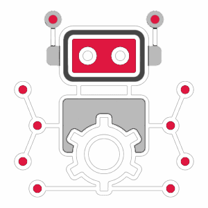Simple illustration of a gray and red robot with a rectangular head and round eyes, connected to a central gear and network nodes—perfect for a Digital Product Designer & UX Strategist seeking inspiration from innovative technology motifs.