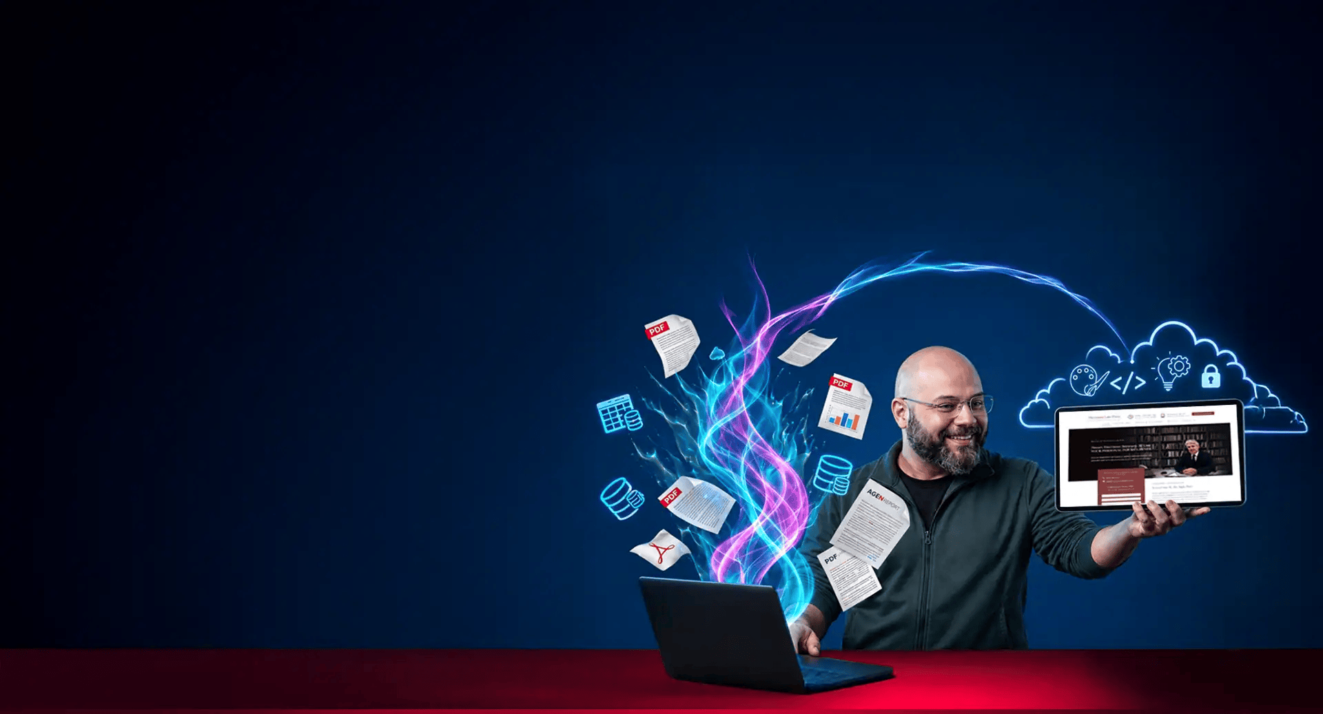 A man sitting at a laptop holds a tablet displaying a website; digital documents and cloud icons appear to flow between the devices, highlighting seamless connectivity enabled by Cross-Platform Design Systems and thoughtful UX Strategy.