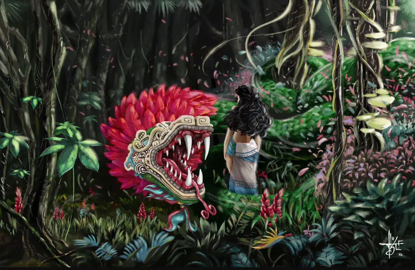 A woman stands in a dense jungle, facing a large, red, dragon-like creature with ornate jaws and sharp teeth—a dramatic encounter that evokes the complexity of cross-platform design systems & UX strategy in navigating unknown terrains.