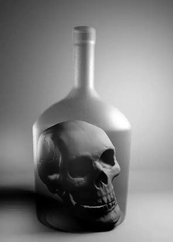 A glass bottle with the shadowed image of a human skull appearing on its front, creating an eerie, illusionary effect in black and white—a captivating visual that draws parallels to cross-platform design systems & UX strategy, where subtle details create impactful and memorable user experiences.