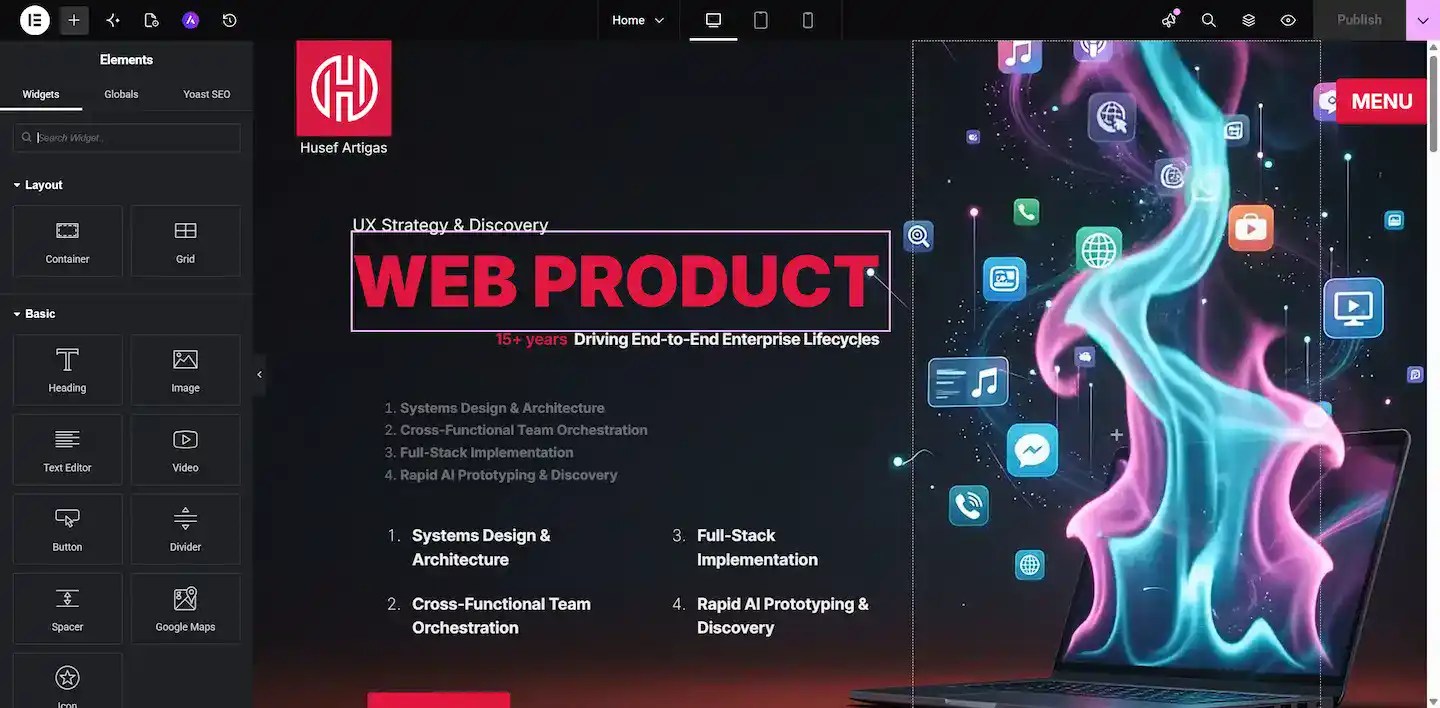 A website design page shows a section titled “WEB PRODUCT” detailing UX strategy and cross-platform design systems, with icons and vibrant abstract graphics on the right side and a sidebar menu on the left.
