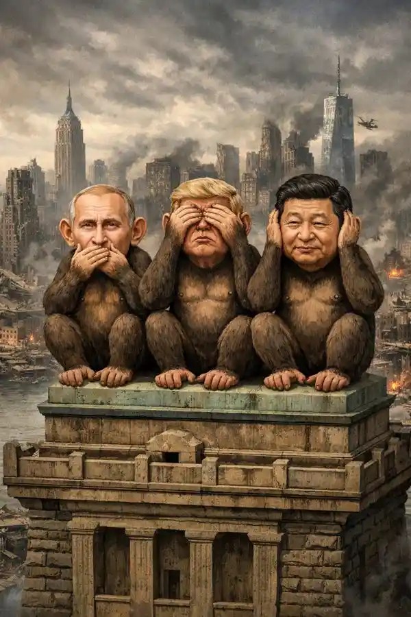 Three “Three Wise Monkeys” figures with the faces of Vladimir Putin, Donald Trump, and Xi Jinping sit on the Statue of Liberty’s pedestal, overlooking a ruined New York City skyline.
