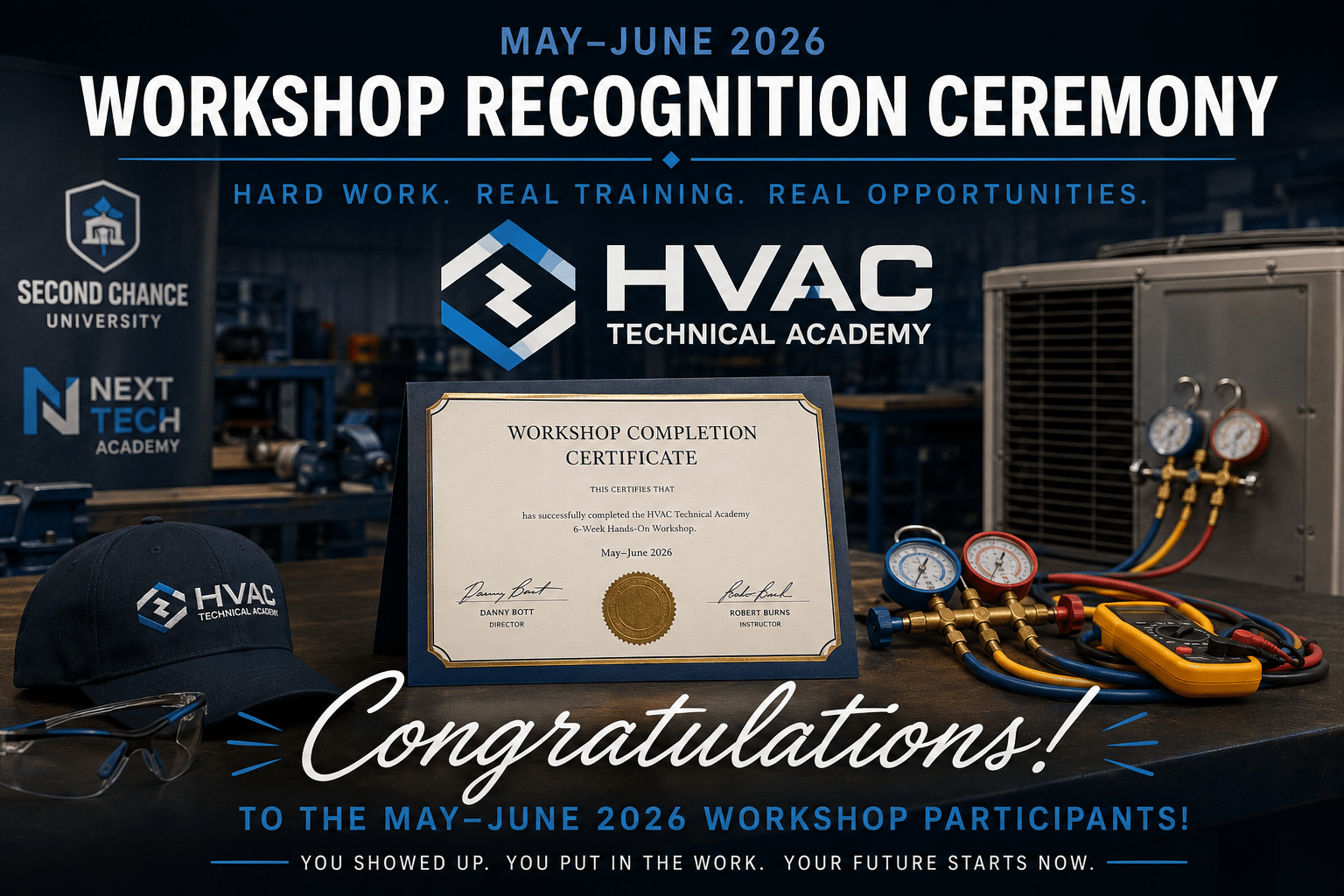 Workshop Completion Certificate displayed with HVAC training tools during the May–June 2026 HVAC Technical Academy Workshop Recognition Ceremony, celebrating participants who successfully completed six weeks of hands-on HVAC training in Sanford, Florida.