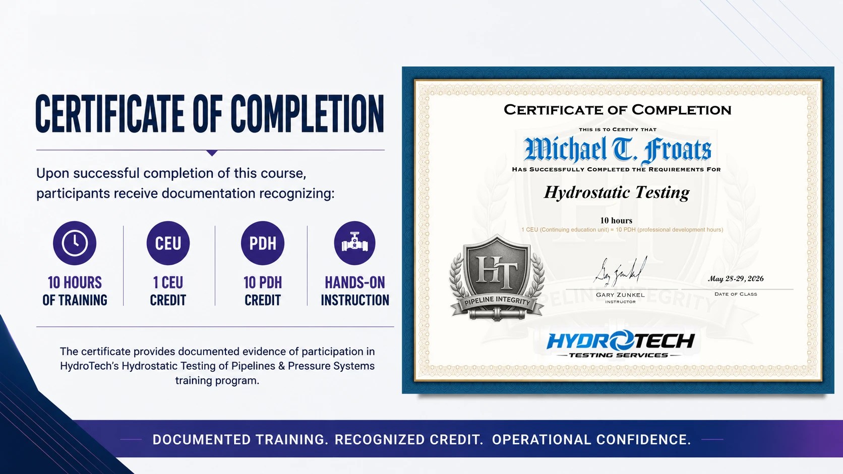 Certificate of Completion documentation for HydroTech hydrostatic testing training