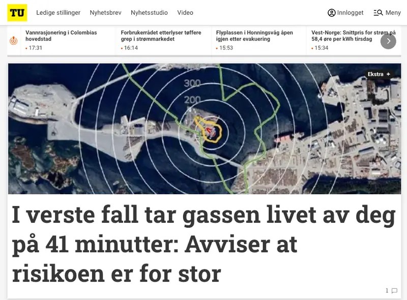 HYEX Safety risk contours surrounding the planned Fjord Base ammonia bunkering terminal.