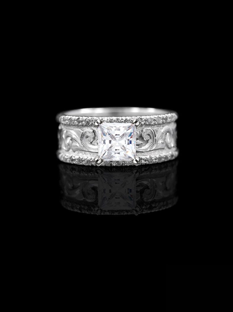 western crystal solitaire ring with silver scroll design on western style diamond wedding rings