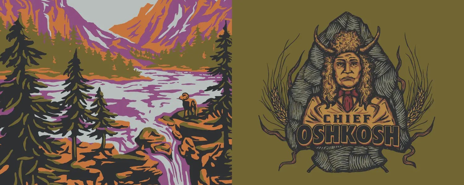 Illustrations of Chief Oshkosh of the Menominee Tribe in Wisconsin and of Native land featuring mountains, a waterfall, and a bighorn ram.