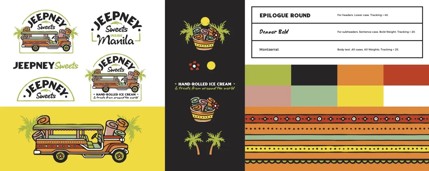 Jeepney Sweets brand identity assets including logos, alternate logos, colors, fonts, and iconography