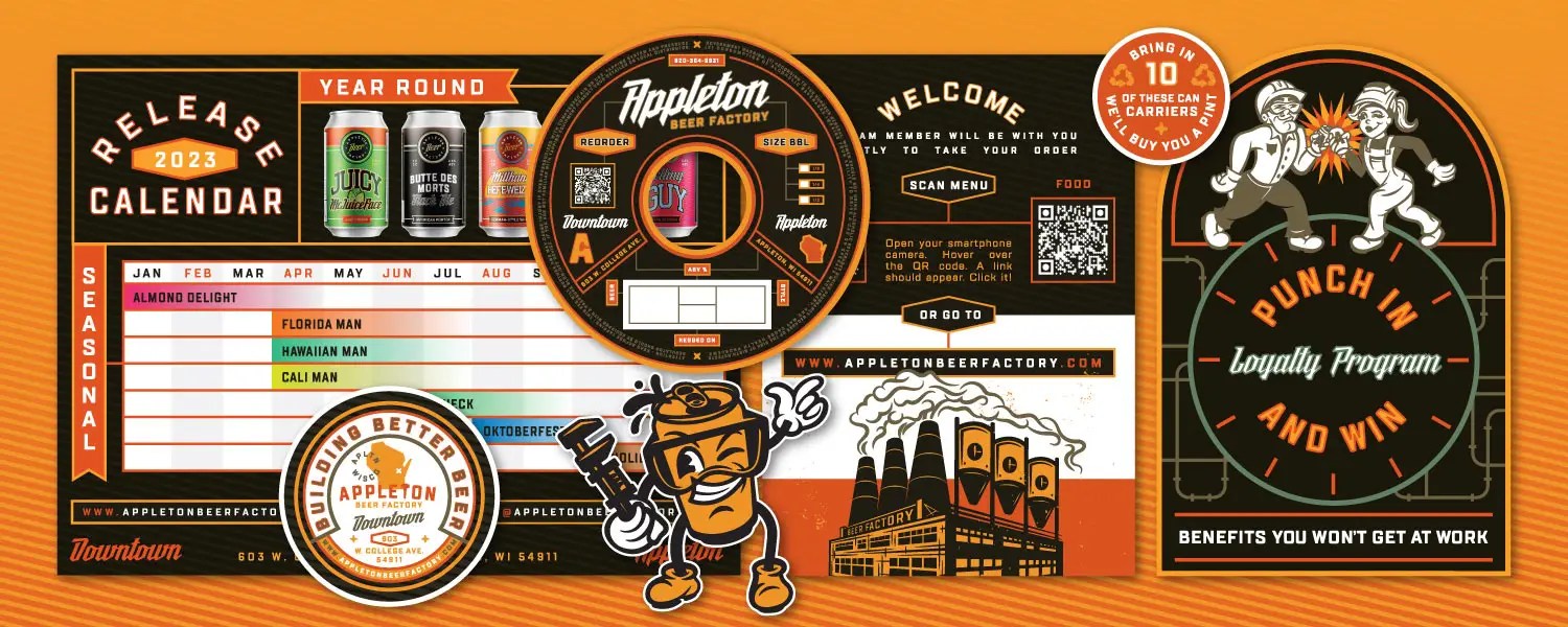 Creative branding for Appleton Beer Factory in Appleton, Wisconsin. Includes Promotional material, sticker design, iconography, and more.