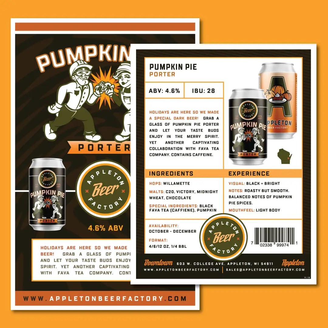Creative brand design for Appleton Beer Factory in Appleton, Wisconsin. Label and packaging design for the Pumpkin Pie Porter.