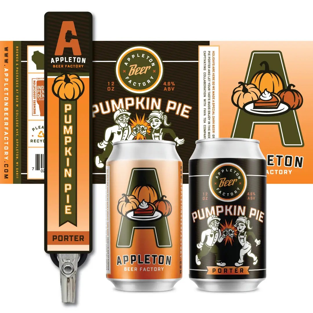 Creative brand design for Appleton Beer Factory. Branding, packaging design, and beer tap handle design for the Pumpkin Pie Porter.
