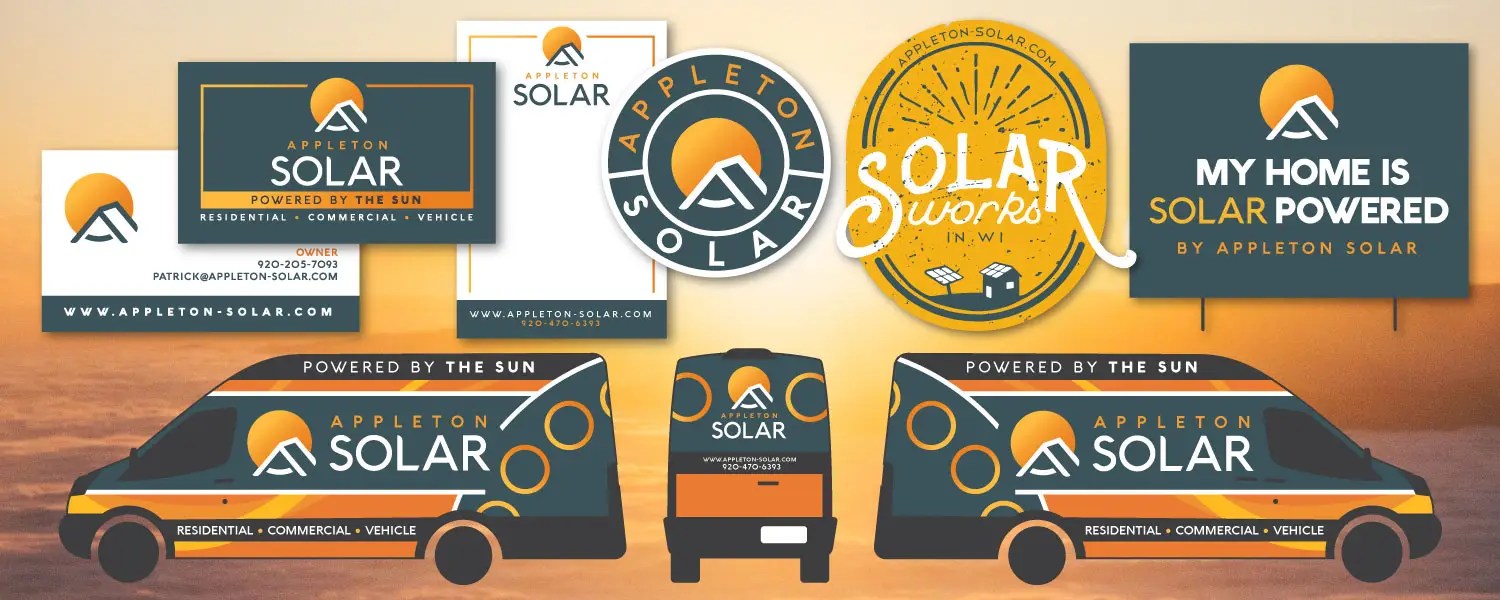 Creative branding for Appleton Solar in Appleton, Wisconsin. Includes vehicle wrap, logo design, iconography, and business card design.