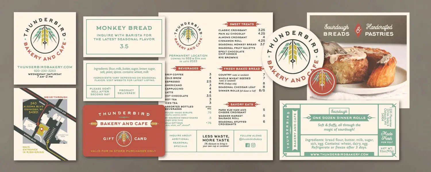 Creative branding for Thunderbird Bakery + Cafe in Oshkosh, Wisconsin. Includes menu design, business card design, logo design, and iconography.