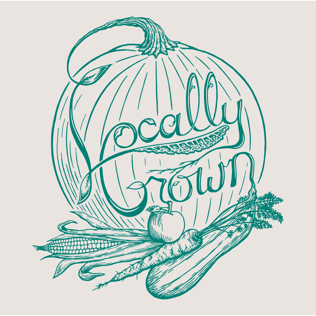 Illustration promoting locally grown Wisconsin goods. It features a pumpkin, corn, apple, and a carrot.