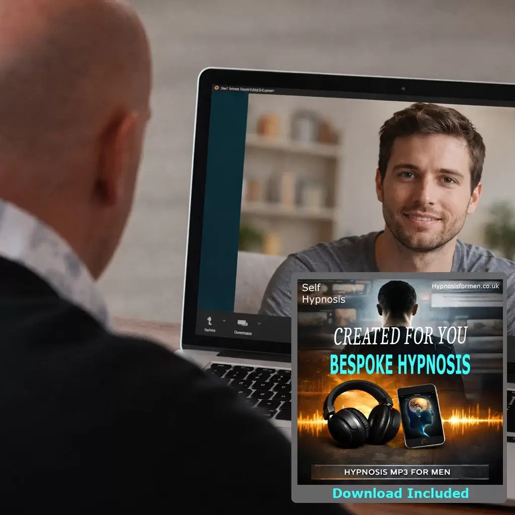 a male client on a laptop screen in a Zoom-style hypnotherapy session with a hypnotherapist.