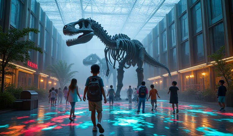 親子在科博館室內展區與栩栩如生的大型恐龍互動。