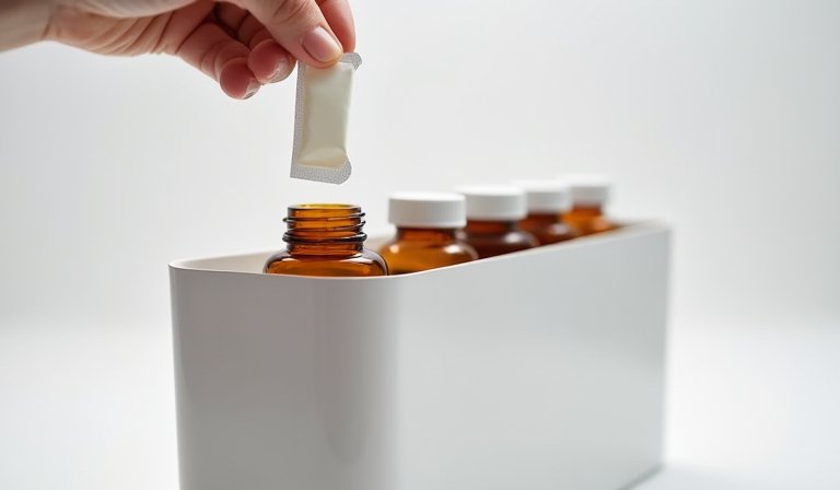 瓶裝保健食品內裝有的黃色膠囊與藥用乾燥劑