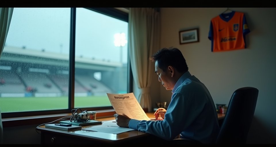 新潟天鵝球團社長在棒球場前顯露憂心經營的神情。