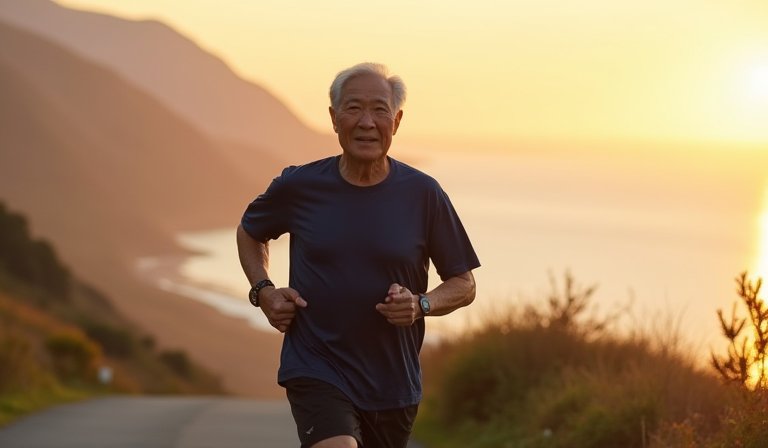 90歲亞裔教授在晨光下戶外慢跑，為癌症研究籌款。